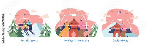 Isolated Elements With Skier Characters On Cable Railway Ascend Snow-covered Peaks, Chatting And Admiring