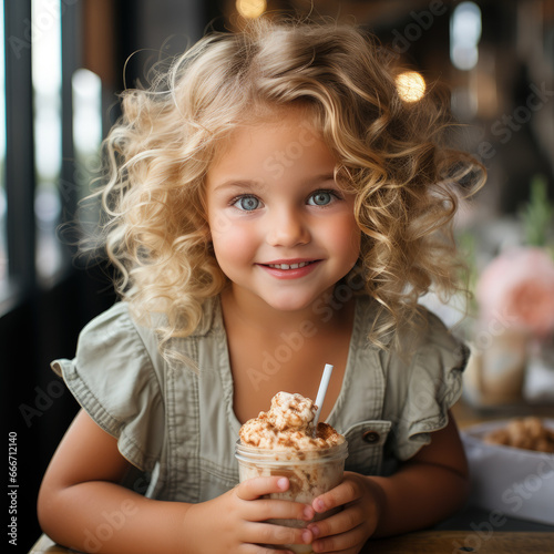 Portrait of smiling curly blonde kid girl  child with blue frolic eyes eating big ice-crea  in waffle cone on cafe  restaurant background