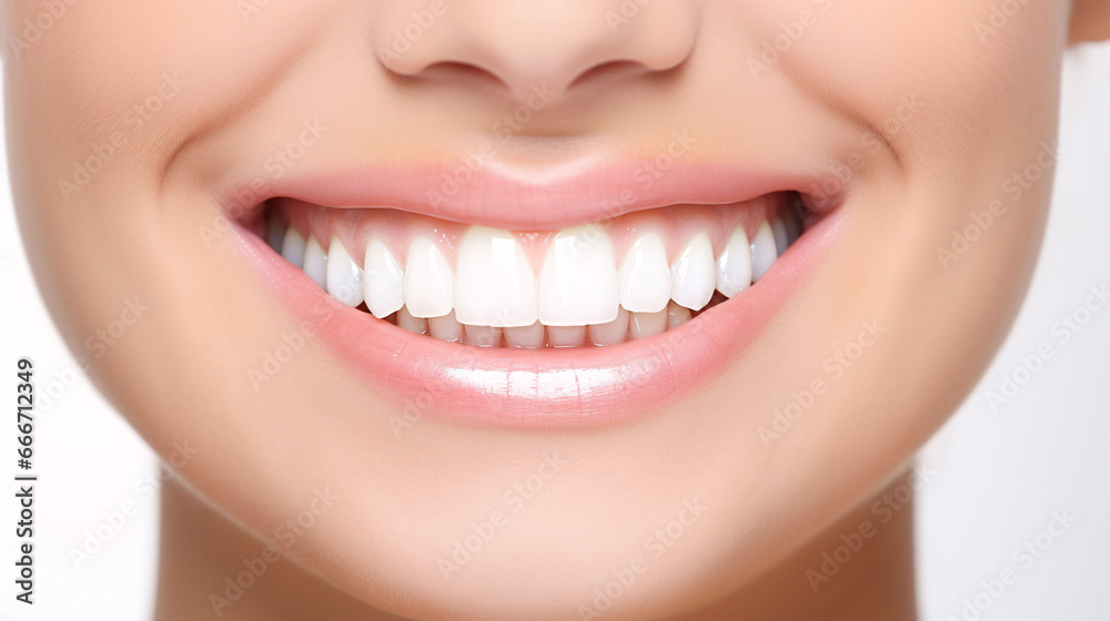 Fototapeta premium Closeup shot of beautiful female smile, white background.