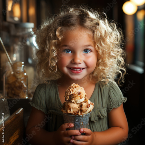 Portrait of smiling kid girl in dress  child with blue frolic eyes eating big ice-crea  in waffle cone on cafe  restaurant background
