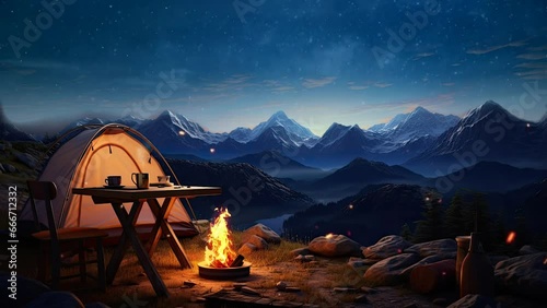 beautiful landscape camping in the mountains background. seamless looping time-lapse virtual 4k video animation background.