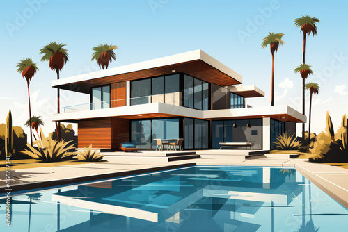 Modern country house villa in a minimalist cubic style with swimming pool, illustration of a vacation on the sea coast © Henryzoom