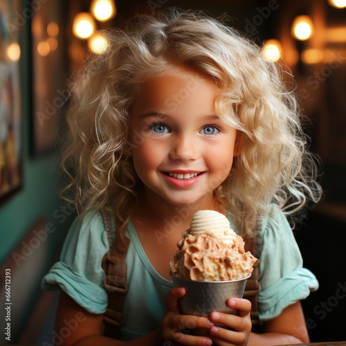 Smiling blonde kid girl eats big ice-crea in cafe  restaurant
