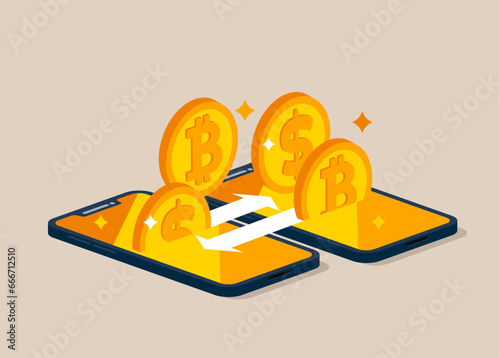 Crypto currency exchange bitcoin, financial technology. Flat vector illustration