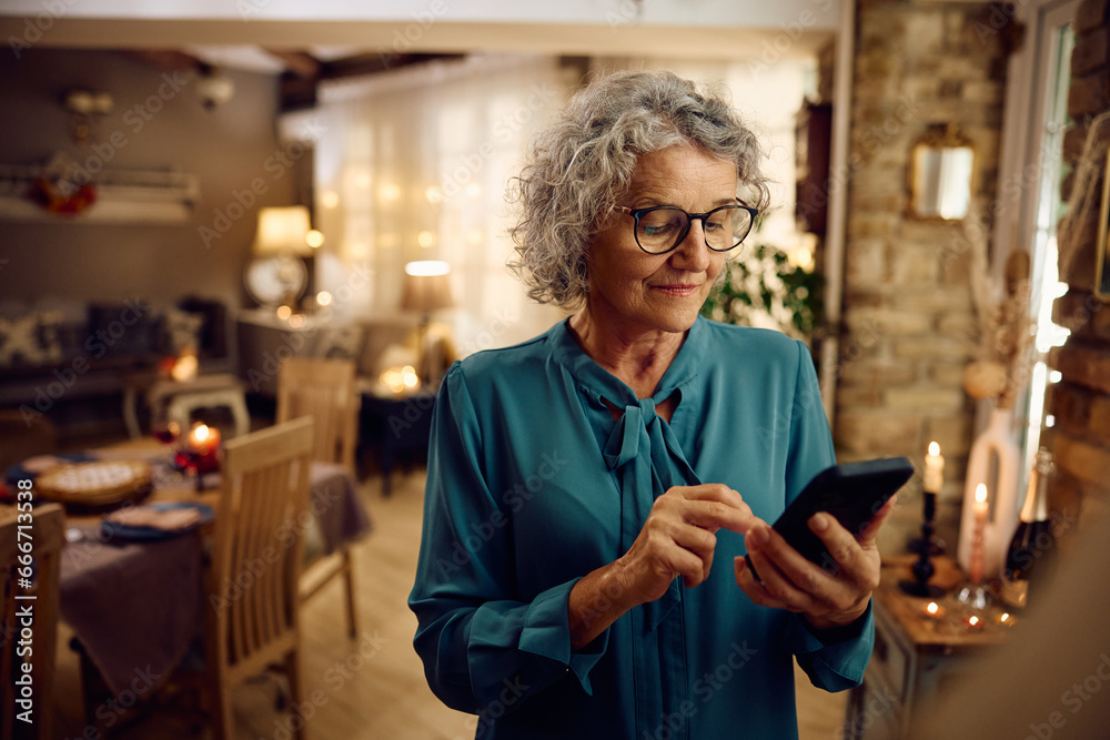 Senior woman texting on cell phone while waiting her family to come for Thanksgiving dinner. Senior woman texting on cell phone while waiting her family to come for Thanksgiving dinner.