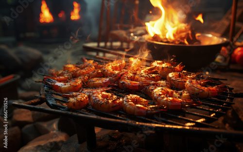 Fresh roasted shrimps on skewers on plate at campfire  fireplace during night barbeque