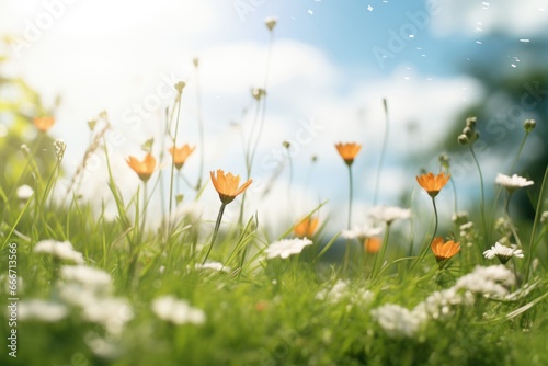 The landscape of daisy flowers in a forest with the focus on the setting sun. Soft focus