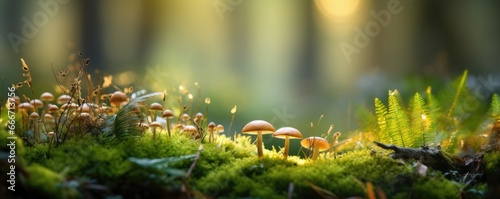 The landscape of green grass, moss and mushrooms in a rainforest with the focus on the setting sun. Soft focus photo