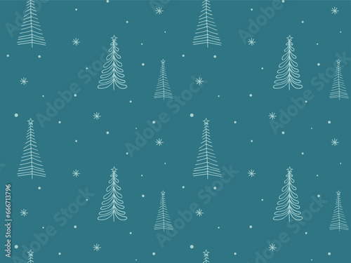 Seamless pattern with doodle spruce pine fir on green. Abstract line drawn Christmas tree. Winter snow forest background. Snowy cozy holidays