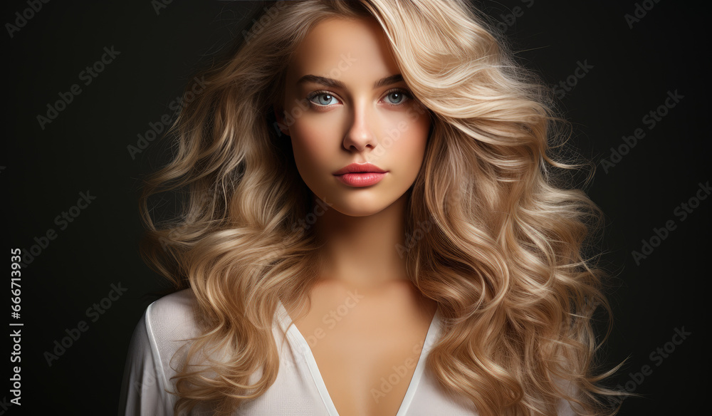 Portrait of young gorgeous woman in white dress and with long platinum blonde hair isolated on dark background Portrait of young gorgeous woman in white dress and with long platinum blonde hair isolated on dark background