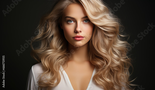 Portrait of young gorgeous woman in white dress and with long platinum blonde hair isolated on dark background