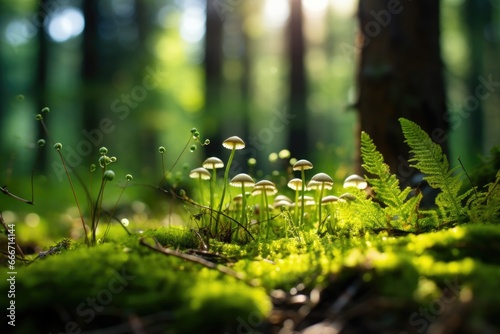 The landscape of green grass, moss and mushrooms in a rainforest with the focus on the setting sun. Soft focus