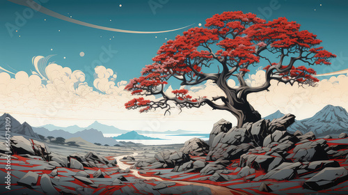 Fototapeta sztuka komputerowa japońska kolorowa krajobrazu drzewa
