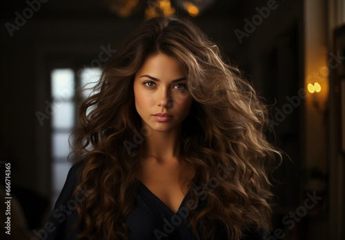 Portrait of young brunette woman in black dress, gown on background of room interior, at home © Dmitry Lobanov
