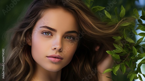 A young beautiful woman is seen with green leaves near her face and body in a concept for skin care and beauty treatments. Closeup of girls' faces with green leaves. A white model with