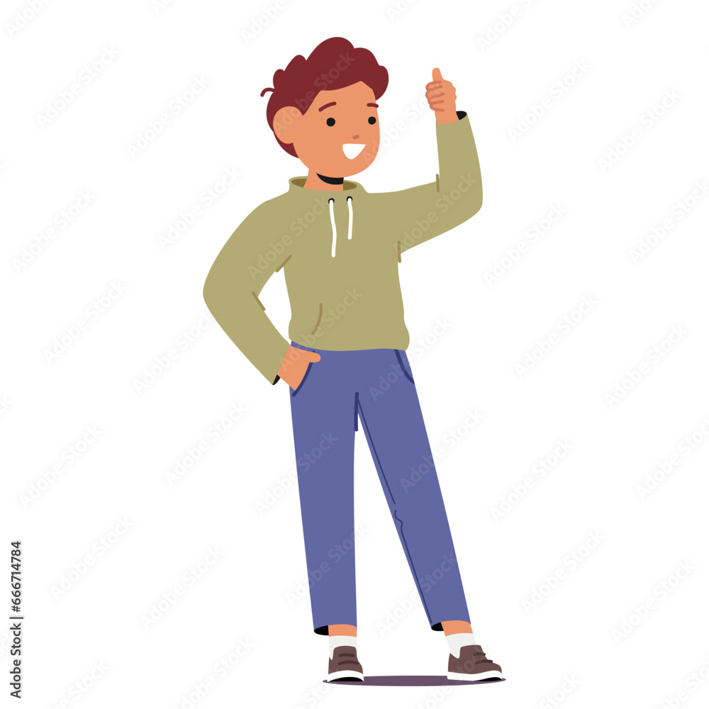 Little Boy Character Wearing A Bright Smile And Full Of Enthusiasm, Confidently Extends His Tiny Thumb Upward Little Boy Character Wearing A Bright Smile And Full Of Enthusiasm, Confidently Extends His Tiny Thumb Upward