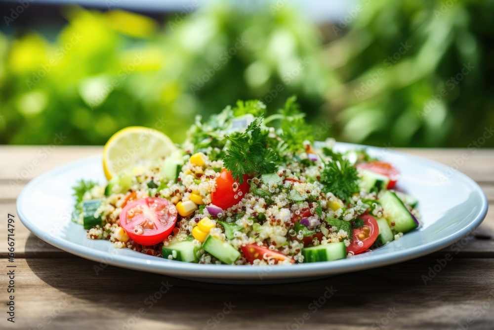 Refreshing Quinoa Salad: A Mediterranean Delight with Fresh Vegetables, Lemon Herb Dressing - A Light, Nutritious, and Wholesome Dish Bursting with Zesty Flavor.
Refreshing Quinoa Salad: A Mediterranean Delight with Fresh Vegetables, Lemon Herb Dressing - A Light, Nutritious, and Wholesome Dish Bursting with Zesty Flavor.