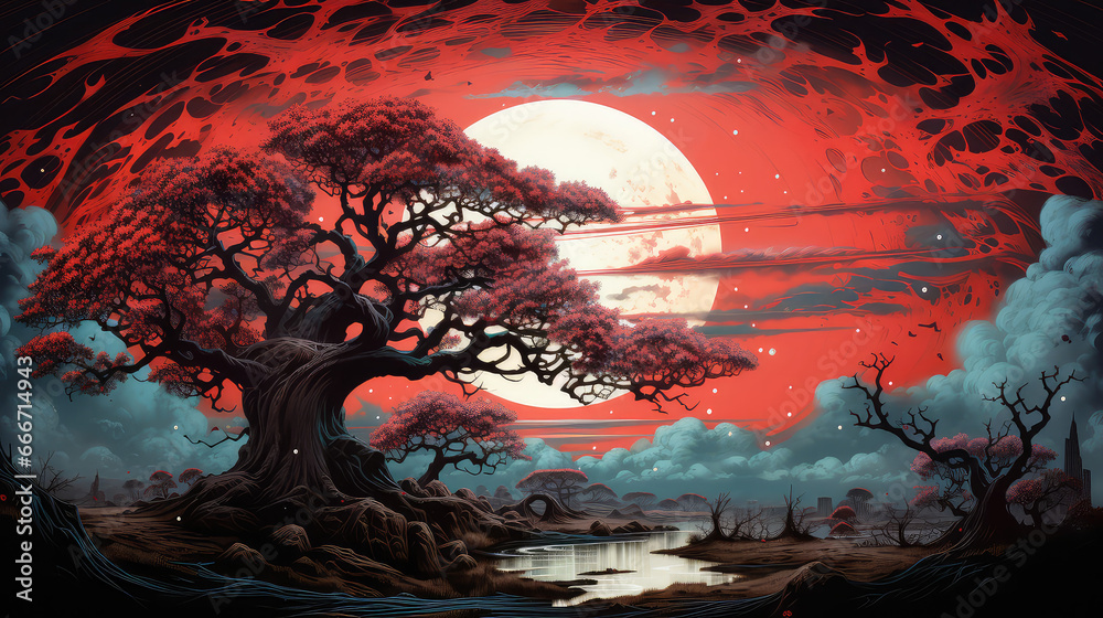 sztuka komputerowa japońska kolorowa krajobrazu drzewa - obrazy, fototapety, plakaty 
