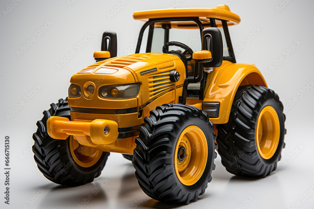 Obraz premium Toy yellow tractor on white background, childhood, industrial, working concept