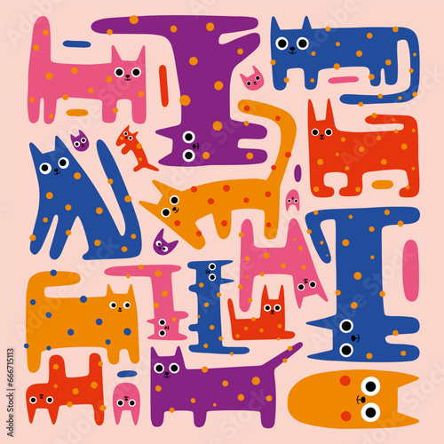 Mosaic composition with cute funny cats, colorful kitten set, cartoon style. Trendy modern vector illustration, hand drawn, flat design
