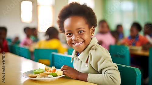 A young girl eats nutritious food and gives thumbs up in kindergarten.
