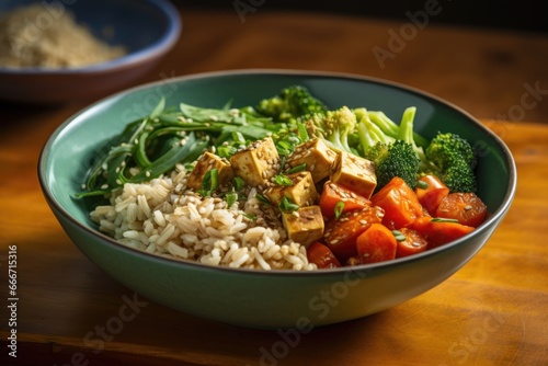 Nutrient-Packed Macrobiotic Grain Bowl: A Nourishing Vegan Feast with Brown Rice, Steamed Vegetables, and Tofu - Balancing Flavor and Health on Your Plate.

