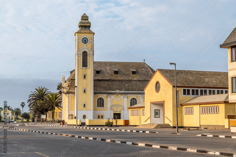 A view from the main street towards the Lutheran Church at Swakopmund, Namibia in the dry season