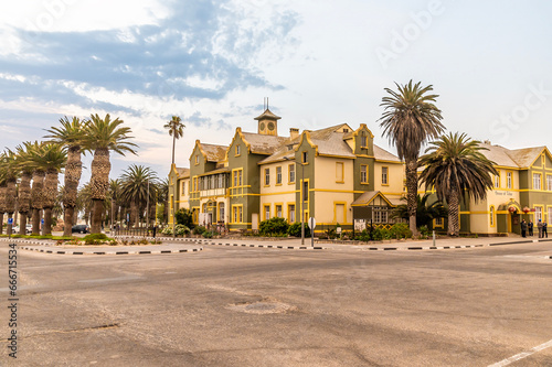 A view of colourful buildings close to the centre at Swakopmund, Namibia in the dry season