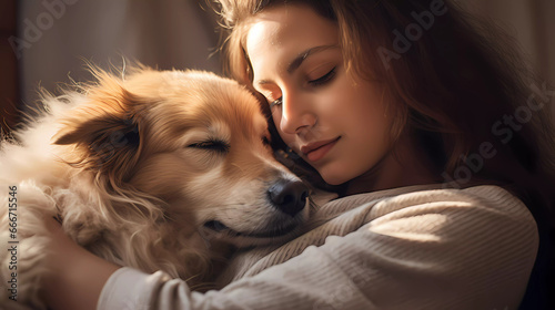 A woman is hugging her dog on the couch in the sunlight with her eyes closed and her head resting on her chest