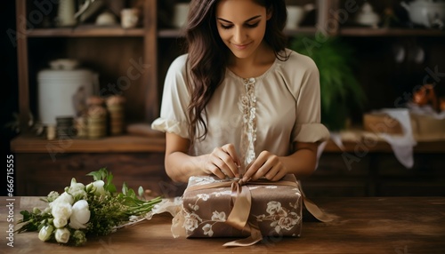 Mujer joven castaña envolviendo una caja de regalo sobre una mesa de madera photo