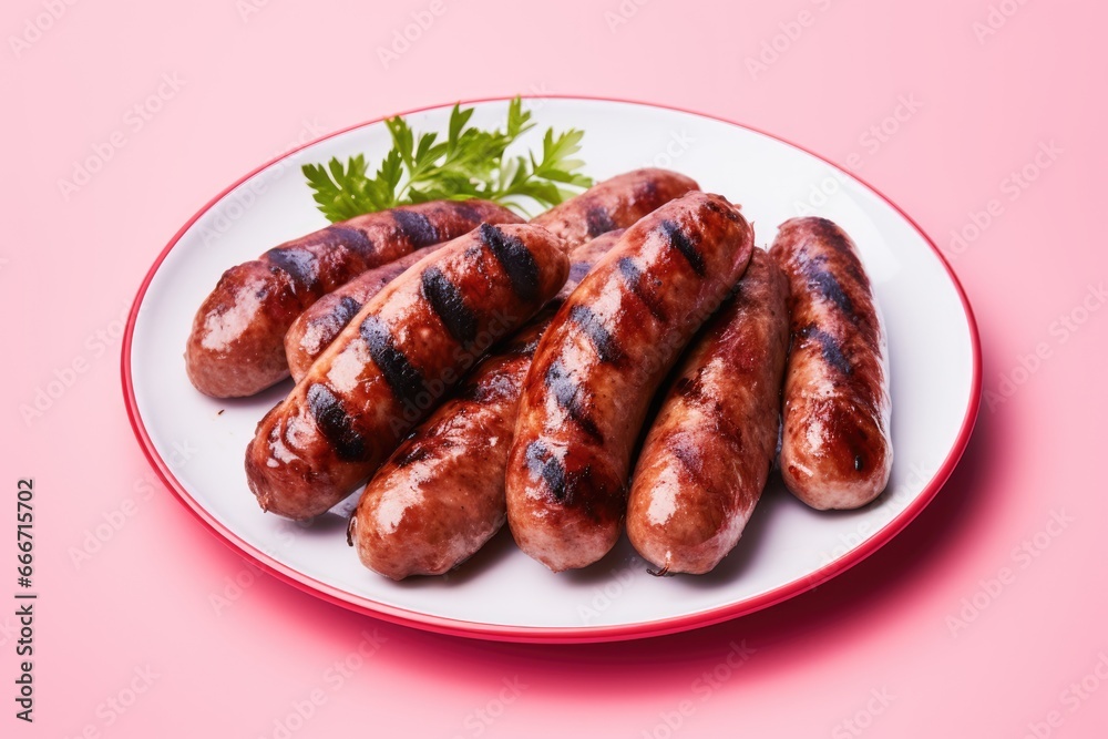 Grilled Sausages with Grill Marks on a Pink Background - A Delicious BBQ Feast Featuring Juicy Sausages That'll Transport You to Cookout Bliss