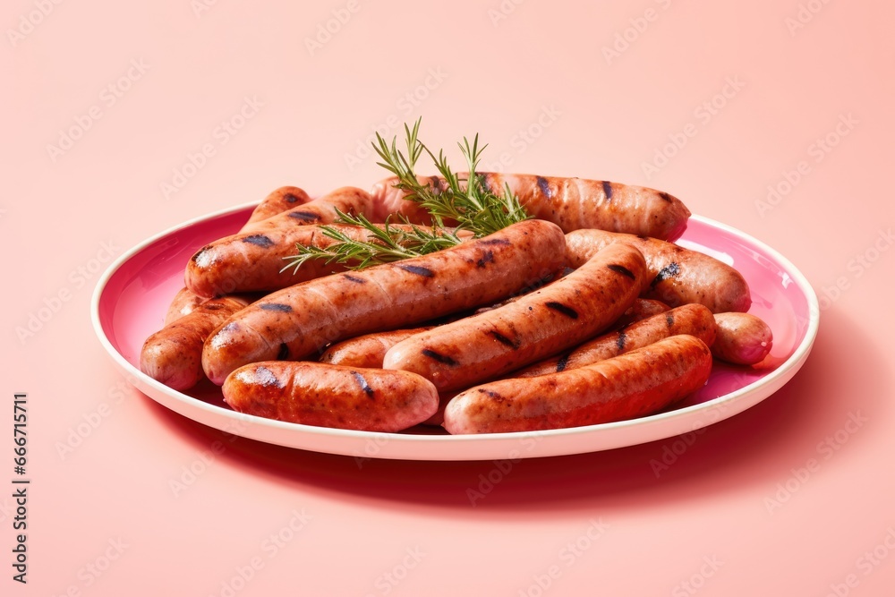 Grilled Sausages with Grill Marks on a Pink Background - A Delicious BBQ Feast Featuring Juicy Sausages That'll Transport You to Cookout Bliss Grilled Sausages with Grill Marks on a Pink Background - A Delicious BBQ Feast Featuring Juicy Sausages That'll Transport You to Cookout Bliss