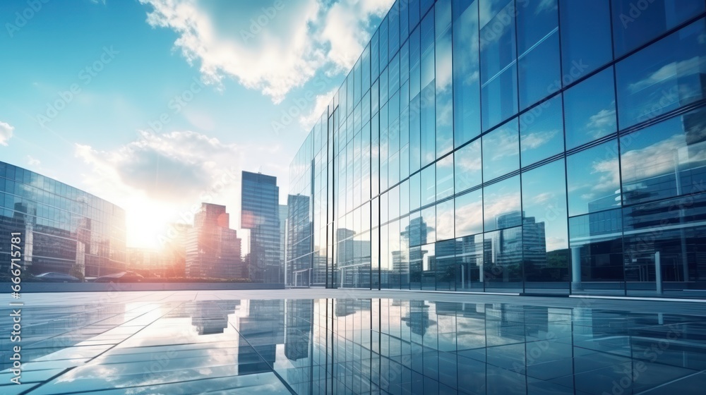 Modern office building or business center. High-rise window buildings made of glass reflect the clouds and the sunset. empty street outside wall modernity civilization. growing up business Modern office building or business center. High-rise window buildings made of glass reflect the clouds and the sunset. empty street outside wall modernity civilization. growing up business