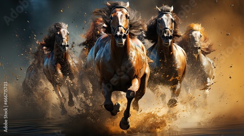 Dark brown Camargue Horses galloping in the desert with flying mane