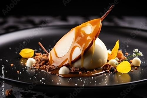 Beautifully presented Michelin star restaurant dish on a plate, black background. Refined and elegant cuisine, fine dinning