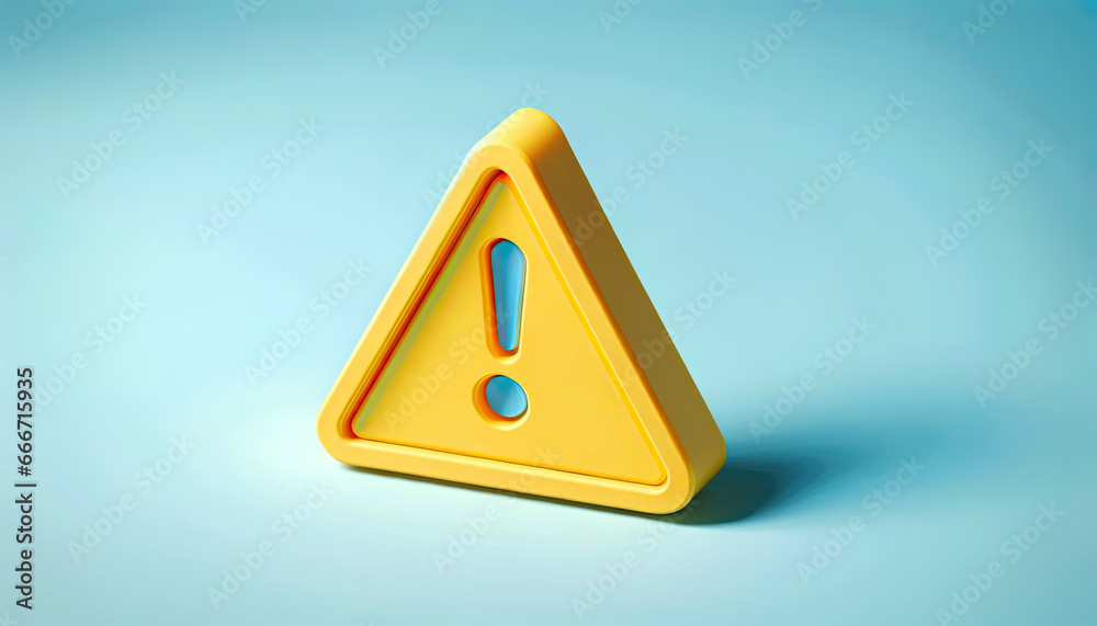 3D render illustration of a vibrant yellow triangle warning symbol prominently displayed on an isolated pastel blue background. The icon conveys concepts of error alerts, safety precautions, and the n 3D render illustration of a vibrant yellow triangle warning symbol prominently displayed on an isolated pastel blue background. The icon conveys concepts of error alerts, safety precautions, and the n