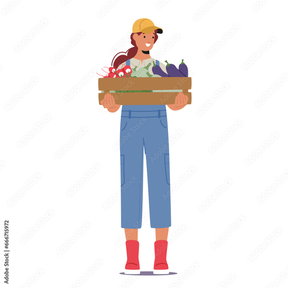 Diligent Farmer Female Character Proudly Holding A Wooden Crate Brimming With The Seasonal Bounty, Vector