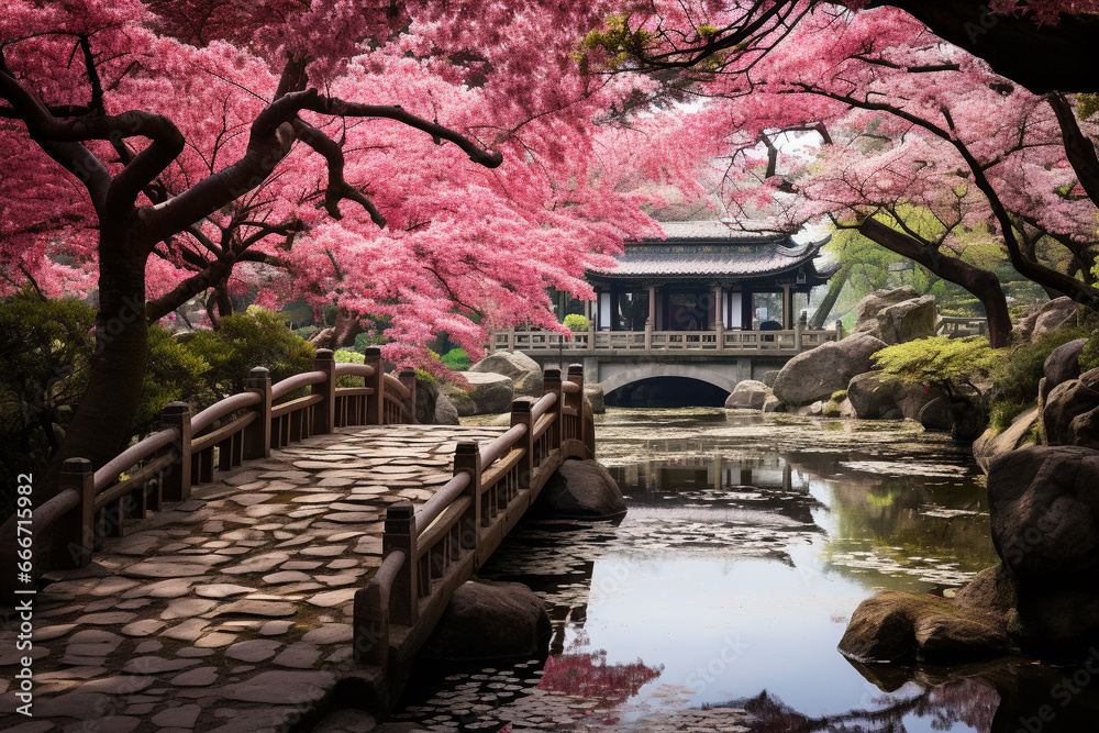 Japanese garden, graced by the delicate beauty of blossomed cherry trees in full bloom, creating a serene and picturesque scene. Ai generated
