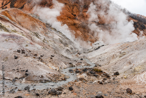 Close-up view of the Hell Valley volcano, Noboribetsu, Hokkaido, Japan photo