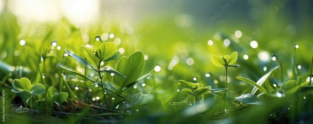 The landscape of green grass with dew in a forest with the focus on the setting sun. Soft focus