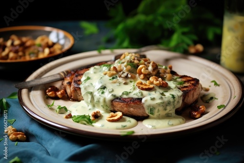 the Culinary Harmony of Gorgonzola and Walnut Steak, a Delicious Ribeye Dish Topped with Creamy Gorgonzola and Nutty Walnuts