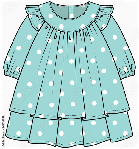 FRILL YOKE ELASTICATED LONG SLEEVES TIERED DRESS IN POLKA DOT PATTERN DESIGNED FOR INFANT GIRL TODDLER GIRL AND BABY GIRLS IN VECTOR ILLUSTRATION