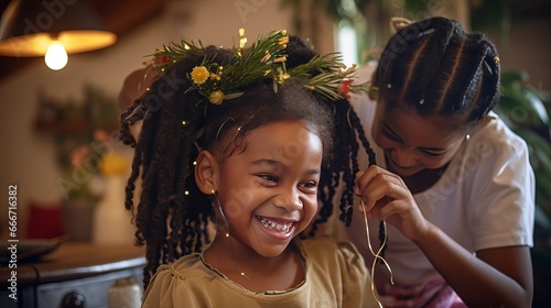 A young African girl is braiding the hair of her sisters at home while having fun together and celebrating Black healthy afro hair culture and style.