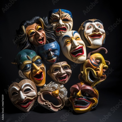 a collection of Theatre masks in a horizontal format Entertainment-themed, photorealistic illustrations in JPG. Generative ai