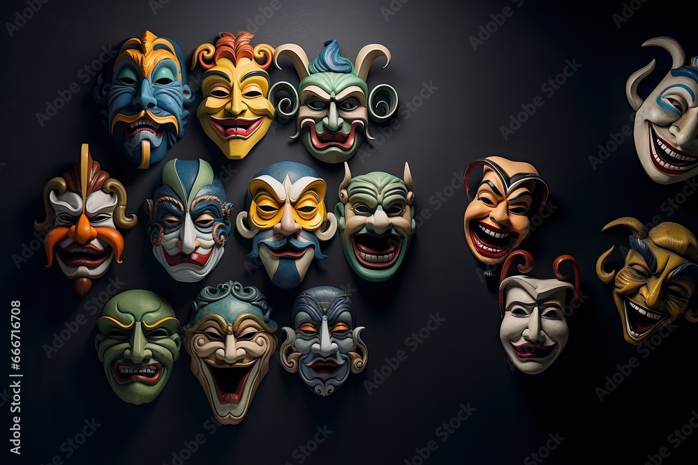 a collection of Theatre masks in a horizontal format Entertainment-themed, photorealistic illustrations in JPG.  Generative ai - obrazy, fototapety, plakaty 