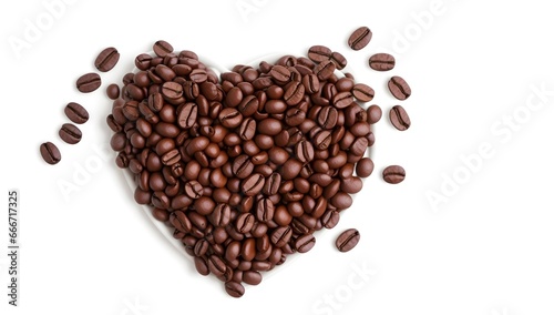 Roasted coffee beans in the shape of heart on white background