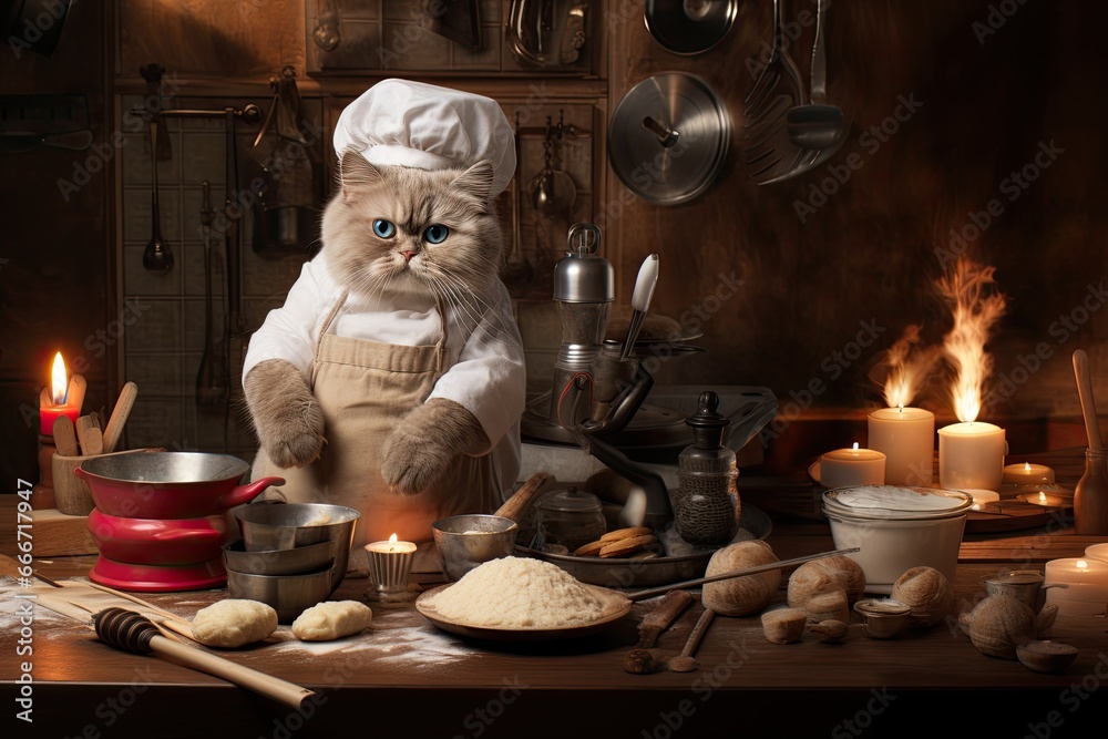 a horizontal format of a Cat in a kitchen baking in a Cooking-themed, realistic illustration in JPG. Generative ai a horizontal format of a Cat in a kitchen baking in a Cooking-themed, realistic illustration in JPG. Generative ai