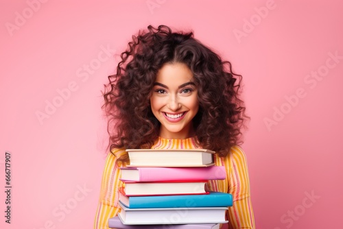 girl in pink clothes with books on a pink background. Concept of reading books. generative ai. photo