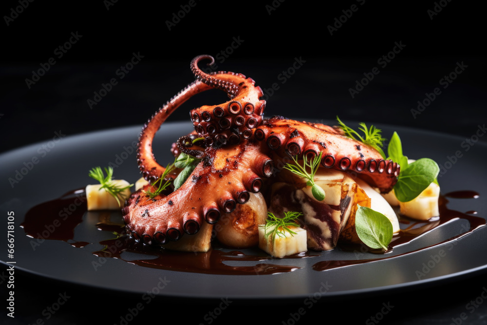 Beautifully presented Michelin star restaurant dish on a plate, black background. Refined and elegant cuisine, fine dinning - obrazy, fototapety, plakaty 
