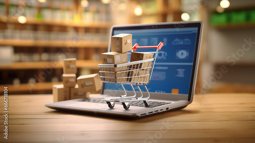 Online shopping concept with cart full of boxes on top of laptop computer photo